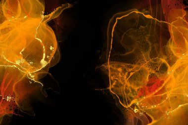 Lüks kırmızı, ateş, siyah, altın soyut arkaplan mermer sıvı mürekkep resimleri kağıt üzerinde. Orijinal suluboya alkol boyası. Vektör illüstrasyonu.