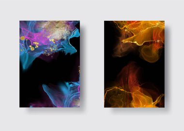 Kağıt üzerinde mermer sıvı mürekkep resimlerinin lüks arka plan seti. Orijinal suluboya alkol boyası. Vektör illüstrasyonu.