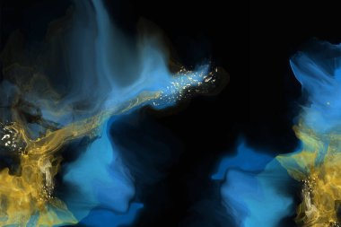 Lüks mavi, siyah, altın soyut arkaplan mermer sıvı mürekkep resimli kağıt üzerinde. Orijinal suluboya alkol boyası. Vektör illüstrasyonu.