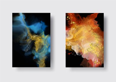 Kağıt üzerinde mermer sıvı mürekkep resimlerinin lüks arka plan seti. Orijinal suluboya alkol boyası. Vektör illüstrasyonu.