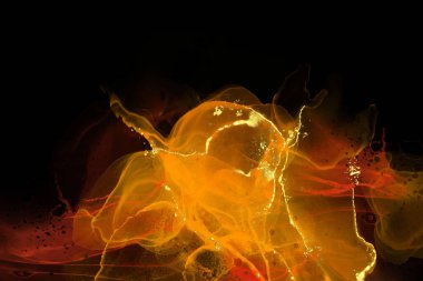 Lüks kırmızı, ateş, siyah, altın soyut arkaplan mermer sıvı mürekkep resimleri kağıt üzerinde. Orijinal suluboya alkol boyası. Vektör illüstrasyonu.