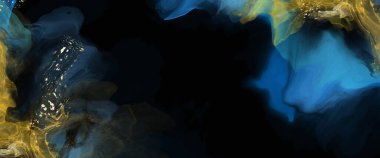 Lüks mavi, siyah, altın soyut arkaplan mermer sıvı mürekkep resimli kağıt üzerinde. Orijinal suluboya alkol boyası. Vektör illüstrasyonu.