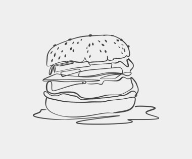 Temiz beyaz bir arka plana yerleştirilmiş lezzetli bir hamburgeri tasvir eden detaylı bir siyah beyaz çizim nefis özelliklerini gözler önüne seriyor.