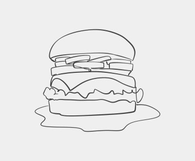Temiz beyaz bir arka plana yerleştirilmiş lezzetli bir hamburgeri tasvir eden detaylı bir siyah beyaz çizim nefis özelliklerini gözler önüne seriyor.