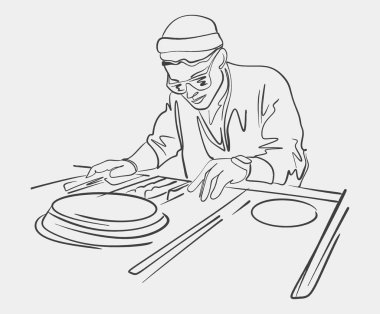 Minimalist siyah-beyaz çizgi çizimi bir DJ 'in pikapta müziği karıştırması, müzik ve gece hayatı temaları için mükemmel.