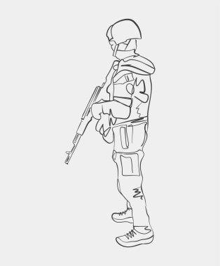 Tam teçhizatlı bir askerin minimalist çizgisi. Elinde bir tüfek, miğfer ve koruyucu ekipman var..