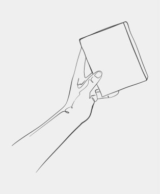 Minimalist tasarım ve günlük nesneleri soyut biçimde vurgulayan küçük bir kitabı tutan basit bir el çizgisi çizimi çizimi..
