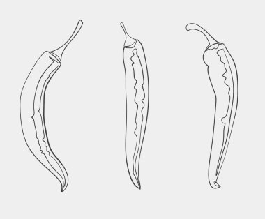Çeşitli şekillerde üç kırmızı biberin minimal siyah beyaz çizgi çizimi, tasarım projeleri veya eğitim materyalleri için mükemmel.
