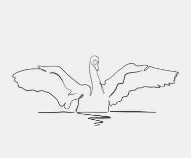 Kanatları açık, suyun üzerinde yüzen bir kuğunun zarif çizgi sanatı. Minimalist tasarım zarafet ve sükuneti vurgular.
