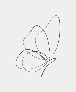 Basit siyah ve beyaz minimalist çizgi. Kelebek sanatı. Zarafet ve özgürlüğü temsil eden temiz, akışkan çizgiler..