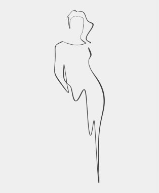 Zarif, minimalist bir sanat eseri. Uzun, dalgalı bir elbise giymiş, zarif ve şık bir duruş sergiliyor..