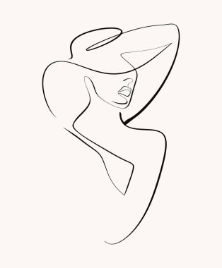 Geniş kenarlı bir şapka takan basit bir kadın çizimi. Zarafet ve stili minimalist ve soyut bir şekilde sergiliyor..