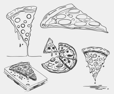 Bir pizza setini tasvir eden detaylı bir siyah beyaz çizim, çıkarılmış ve çıkarılmış birkaç dilimi gösteriyor. Vektör koleksiyonu.