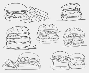 Temiz beyaz bir arka plana yerleştirilmiş lezzetli bir hamburger setini tasvir eden ayrıntılı bir siyah beyaz çizim zarif özelliklerini sergiliyor. Vektör koleksiyonu.