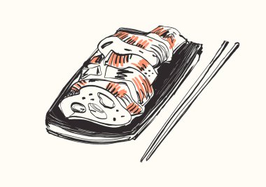Japon yemeği, restoranı ve menü tasarım temaları için mükemmel bir yemek çubuğu tepsisi üzerinde suşi rulolarının çizim stili çizimi.