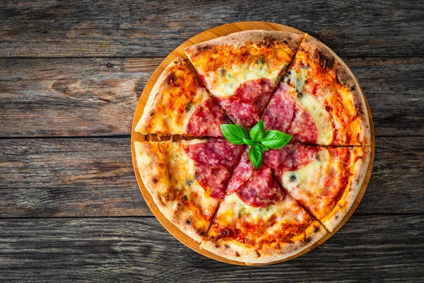 Circle Pepperoni Pizza Mozzarella Cheese Wooden Table — Stock Photo, Image