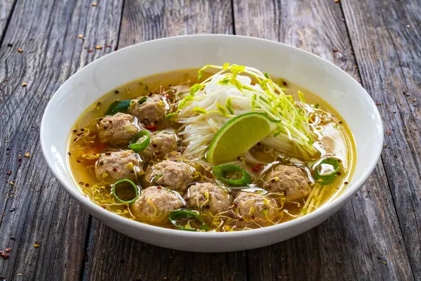 Oriental Soup Meatballs Rice Noodles Sprouts Wooden Table — Stock Photo, Image
