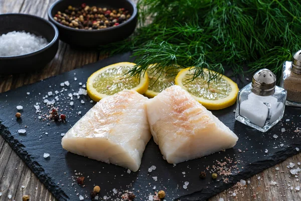 Fresh Raw Cod Lemon Dill Cutting Board Wooden Table — Stock Photo, Image