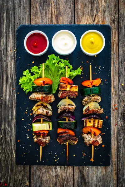 Meat Skewers Grilled Meat Vegetables Wooden Background — Stock Photo, Image