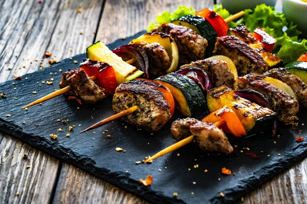Meat Skewers Grilled Meat Vegetables Wooden Background — Stock Photo, Image