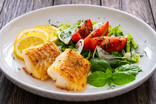 Seared Cod Loin Fresh Vegetables Wooden Table — Stock Photo, Image