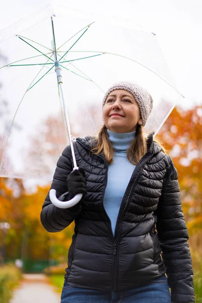 Healthy Lifestyle Mid Adult Woman Walking City Park Holding Umbrella — Stock Photo, Image