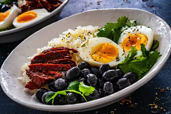 Boiled Eggs Boiled White Rice Sun Dried Tomatoes Green Olives — Stock Photo, Image