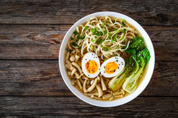 Asian Style Soup Broth Chow Mein Noodles Boiled Eggs Shimeji — Stock Photo, Image
