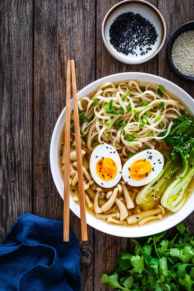Asian Style Soup Broth Chow Mein Noodles Boiled Eggs Shimeji — Stock Photo, Image