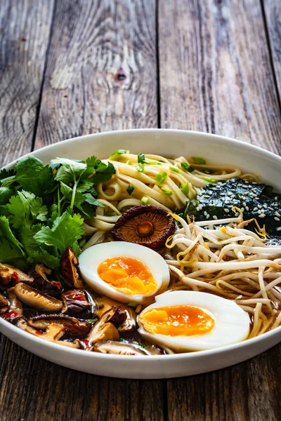 Asian Style Soup Broth Chow Mein Noodles Boiled Eggs Shiitake — Stock Photo, Image