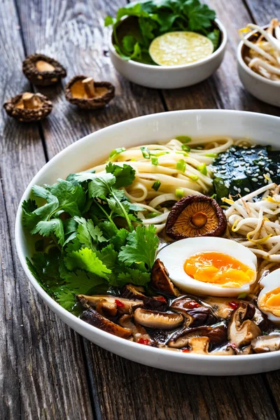 Asian Style Soup Broth Chow Mein Noodles Boiled Eggs Shiitake — Stock Photo, Image