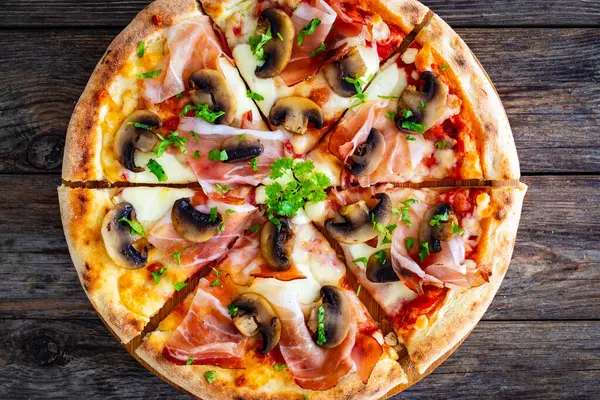Top View Pizza Speck Ham Mozzarella Cheese White Mushrooms Wooden — Stock Photo, Image