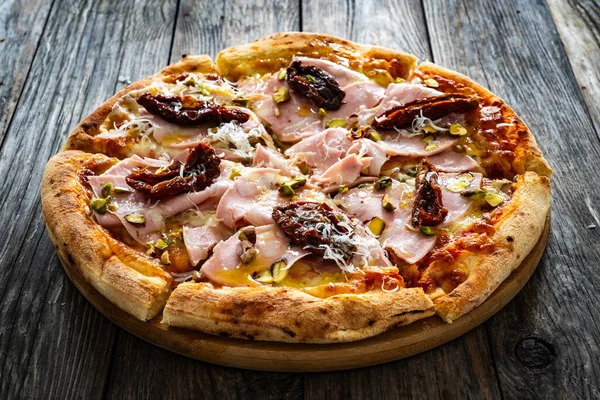 Pizza Mortadella Mozzarella Cheese Sun Dried Tomatoes Wooden Table — Stock Photo, Image