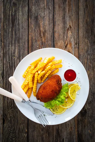 Cutlet Volaille Served French Fries Lemon Wooden Table — Stock Photo, Image