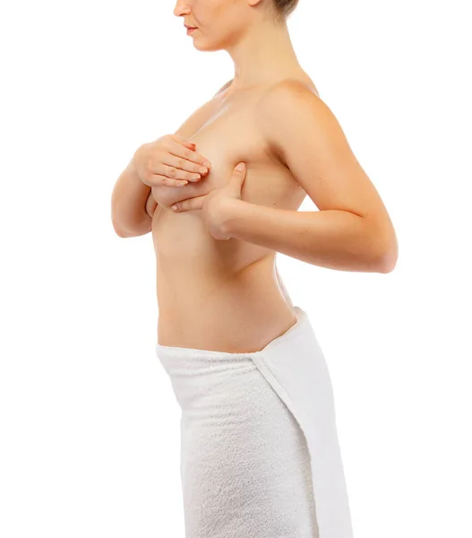 Kvinna Att Undersöka Bröst Isolerad Vit Bakgrund — Stockfoto