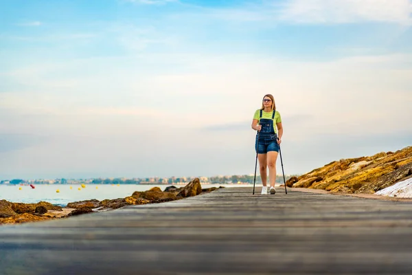 Mid Adult Woman Exercising Nordic Walking Seaside Boulevard Costa Dorada — Stock Photo, Image