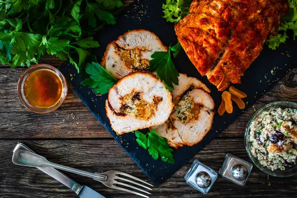 Stuffed Turkey Breast Roulade Dried Apricots Cranberries Wooden Table — Stock Photo, Image