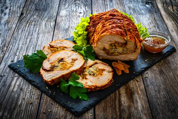 Stuffed Turkey Breast Roulade Dried Apricots Cranberries Wooden Table — Stock Photo, Image