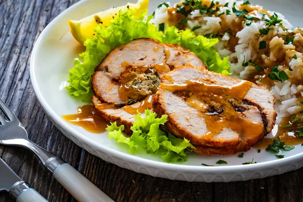 Stuffed Turkey Breast Roulade Dried Apricots Cranberries Boiled White Rice — Stock Photo, Image