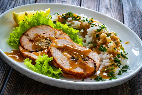 Stuffed Turkey Breast Roulade Dried Apricots Cranberries Boiled White Rice — Stock Photo, Image