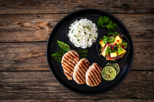Grilled Pork Loin Steaks Boiled White Rice Mango Salad Wooden — Stock Photo, Image