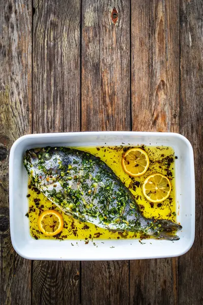 Whole Baked Sea Bream Frying Pan Wooden Table — Stock Photo, Image