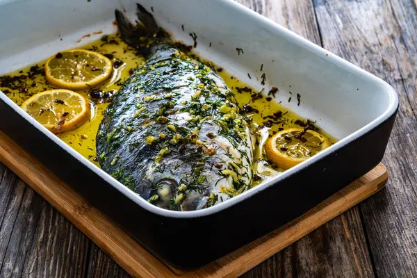 Whole Baked Sea Bream Frying Pan Wooden Table — Stock Photo, Image