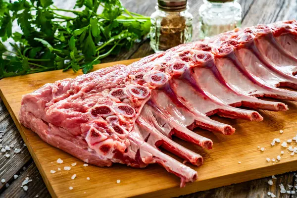 Raw Veal Ribs Cutting Board Wooden Table — Stock Photo, Image