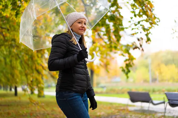 Healthy Lifestyle Mid Adult Woman Walking City Park Holding Umbrella — Stock Photo, Image