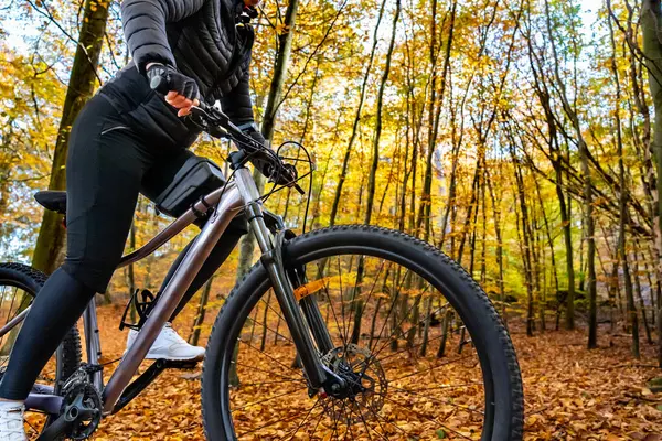 秋の景色の街の森で自転車に乗る女性 — ストック写真