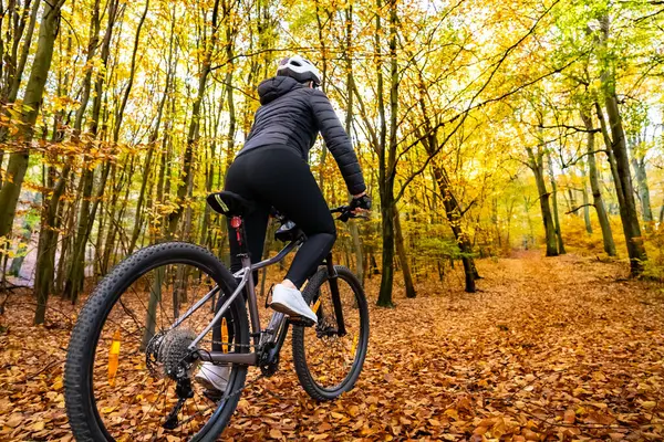 Femme Vélo Dans Forêt Ville Dans Les Paysages Automne — Photo