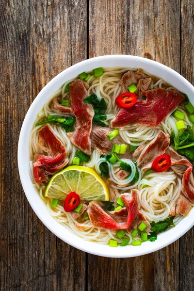 Pho Soup Vietnamese Soup Beef Wooden Table — Stock Photo, Image