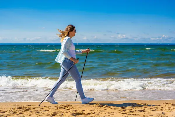 Nordic Walking Beautiful Woman Exercising Beach — Stock Photo, Image