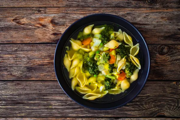 Pistou Soup Nice Broth Basil Pesto Noodles Vegetables Wooden Background — Stock Photo, Image